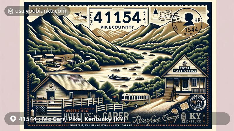Modern illustration of Mc Carr, Pike County, Kentucky, capturing the essence of ZIP code area 41544 with Appalachian Mountains and Hatfield's Hideout Riverfront Campground along Tug Fork River, featuring vintage postcard layout and postal symbols.