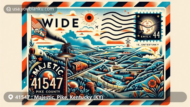 Modern illustration of Majestic area, Pike County, Kentucky, showcasing postal theme with ZIP code 41547, featuring Kentucky state flag, Pike County outline, coal mining heritage symbols, and natural landscapes.