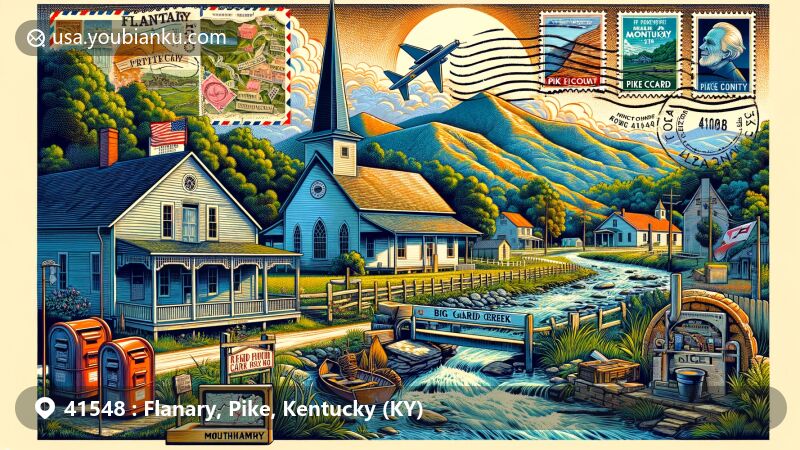 Illustration of Flanary region and Mouthcard community in Pike County, Kentucky, emphasizing natural beauty with Levisa Fork River, Card Mountain, Big Card Creek, and Little Card Creek, enriched by Appalachian landscape and traditional architecture, featuring a vintage postal theme with ZIP code 41548 and nostalgic postal elements.
