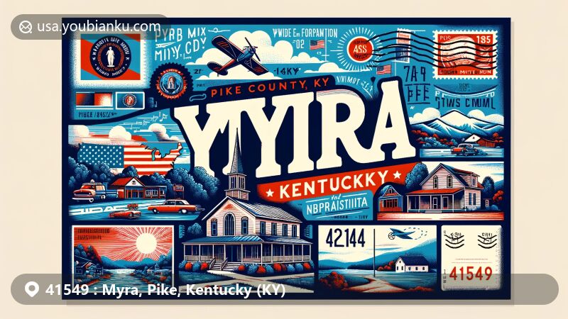 Modern illustration of Myra, Pike County, Kentucky, featuring ZIP code 41549, blending Kentucky state flag, vintage postage stamp, air mail envelope, and postal motifs. Captivating design representing cultural heritage and natural scenery.