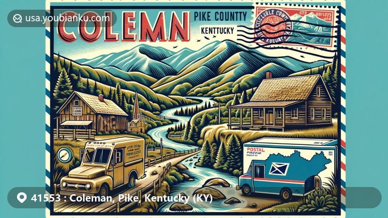 Modern illustration of Coleman, Pike County, Kentucky, showcasing postal theme with ZIP code 41553, featuring iconic mountains, streams, and valleys, as well as symbols of the Hatfields & McCoys feud and vintage postal elements.