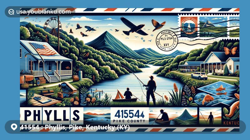 Modern illustration of Phyllis, Kentucky, showcasing postal theme with ZIP code 41554, featuring Appalachian landscapes, local wildlife, and vintage airmail envelope design.
