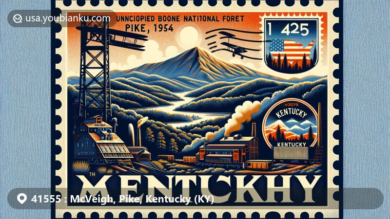 Modern illustration of McVeigh, Pike County, Kentucky, blending local and postal themes, featuring Appalachian landscape, Daniel Boone National Forest, Cumberland Falls, and coal mining heritage.