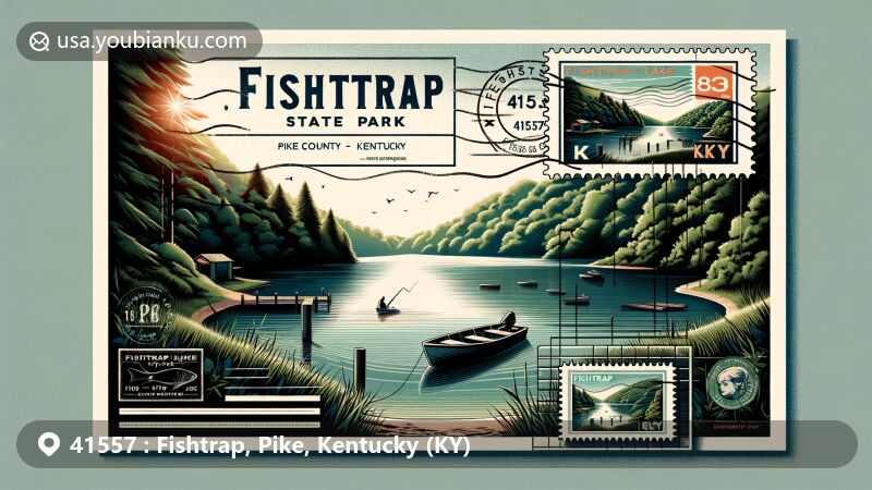 Modern illustration of Fishtrap, Pike County, Kentucky, featuring Fishtrap Lake State Park and postal theme elements.