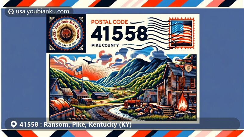 Creative illustration of Ransom, Pike County, Kentucky, presenting postal code 41558 and elements from the Hatfield & McCoy feud, including McCoy Well and Hog Trial Cabin. Features Pike County flag, postcard motif, postage stamp, ZIP Code, and Appalachian mountains.