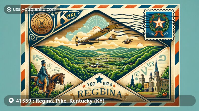 Modern illustration of Regina, Pike County, Kentucky, showcasing air mail envelope with vintage design, Hatfields & McCoys Feud symbols, and Appalachian mountain backdrop.