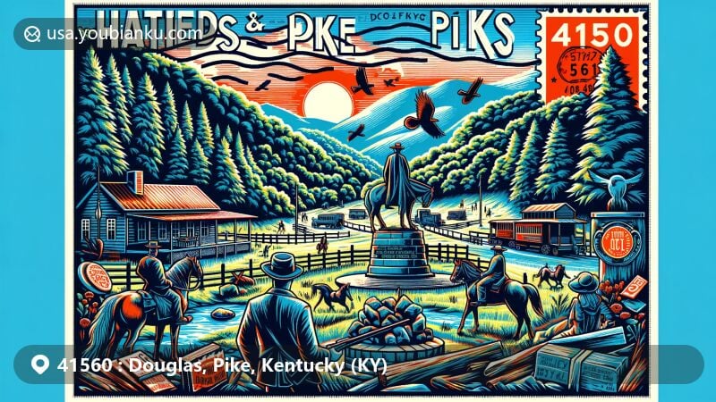 Modern illustration of Douglas, Pike County, Kentucky, representing ZIP code 41560 area, featuring Hatfields & McCoys Feud history and Appalachian Mountains beauty.