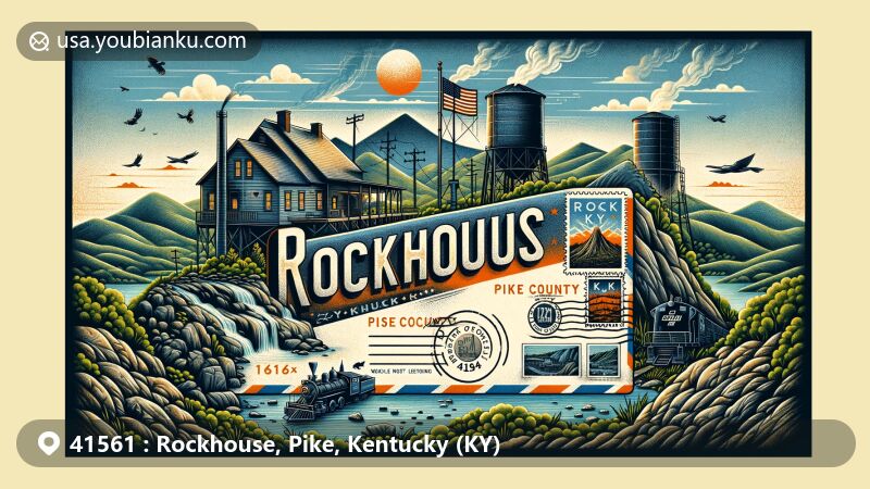 Modern illustration of Rockhouse, Pike County, Kentucky, incorporating natural and historical elements with postal themes, highlighting the scenic landscapes and lush greenery typical of Kentucky.