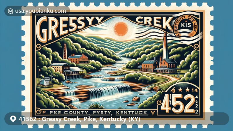 Modern illustration of Greasy Creek, Pike County, Kentucky, showcasing ZIP code 41562, featuring Appalachian landscape with coal town heritage and iconic waterfalls, integrating vintage postal elements like postage stamp frame, 'Greasy Creek 41562' postmark, and traditional postal imagery.