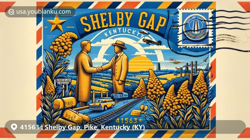 Modern illustration of Shelby Gap, Pike County, Kentucky, incorporating the Kentucky state flag with its blue background and state seal, symbolizing unity, and featuring iconic landmarks representing the region's natural beauty and cultural heritage.