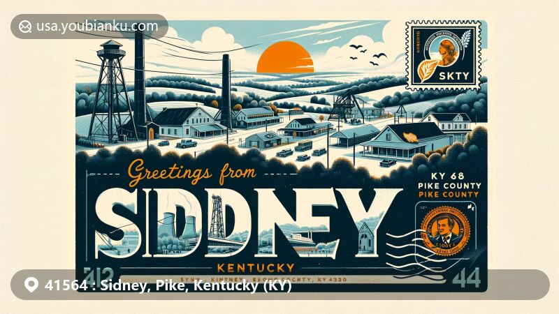 Modern illustration of Sidney, Pike County, Kentucky, showcasing scenic views and local culture in ZIP code 41564, featuring KY 486 and KY 3220 intersection, coal mining heritage, vintage postcard with postal theme, and homage to Stephen Cochran.