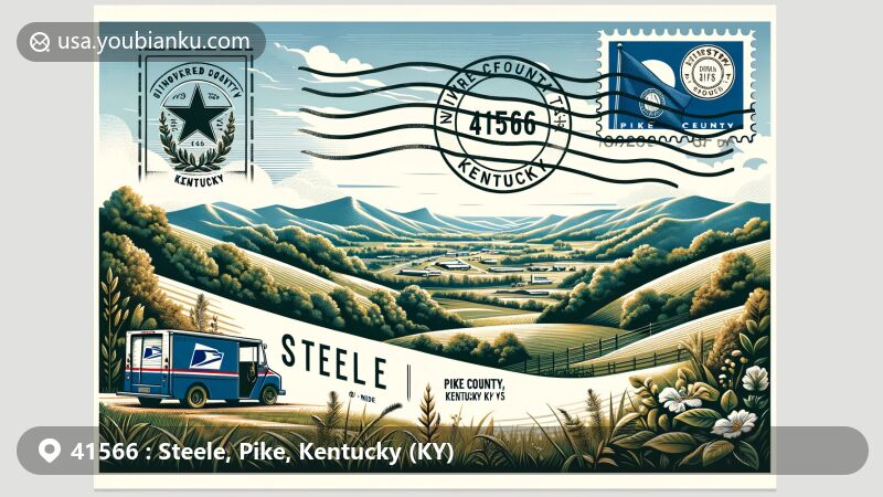 Modern illustration of Steele, Pike County, Kentucky, showcasing postal theme with ZIP code 41566, featuring Appalachian mountains, Pike County flag, vintage postal elements, and rural Kentucky landscape.