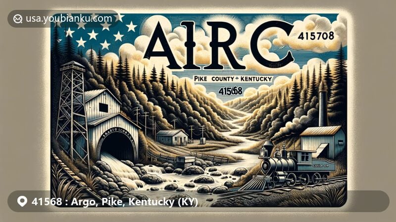 Modern illustration of Argo, Pike County, Kentucky, depicting the Appalachian landscape with a coal mine entrance and traditional postal element, featuring the Kentucky state flag, ZIP code 41568, and the name 'Argo, KY'.