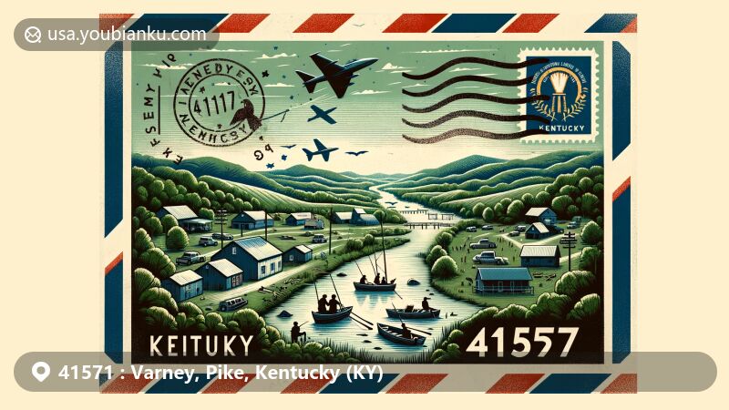 Modern illustration of Varney, Pike County, Kentucky, showcasing postal theme with ZIP code 41571, featuring rural landscapes and Kentucky state symbols.