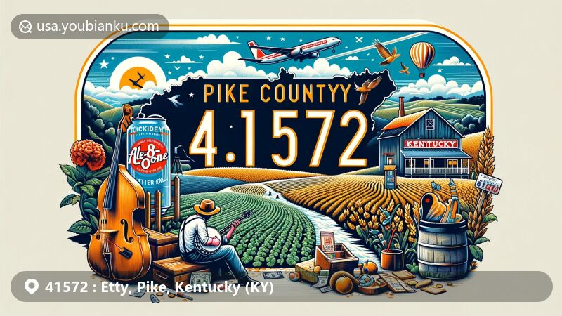 Modern illustration of Etty in Pike County, Kentucky, representing ZIP code 41572, featuring Crider soil series for agriculture, Ale-8-One soft drink, Kentucky Long Rifle, banjo, clogging, bluegrass music, and an aerial view of Pike County's landscape.