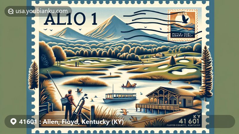 Modern illustration of Allen, Floyd County, Kentucky, capturing ZIP code 41601 with a creative postal theme, showcasing Cumberland Plateau landscape, local landmarks like John M. Stumbo Park and Paul Hunt Thompson Golf Course, and educational symbols like school and books, complemented by a fictional stamp celebrating Appalachian heritage.