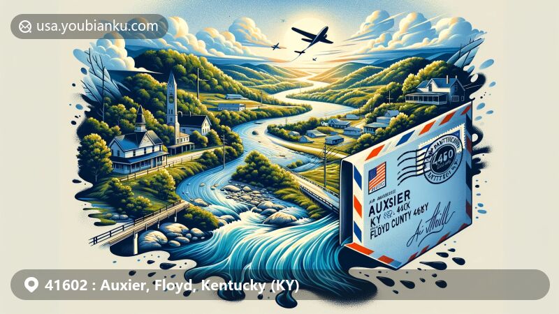 Modern illustration of Auxier, Floyd County, Kentucky, showcasing postal theme with ZIP code 41602, featuring Kentucky state flag stamp and Levisa Fork landscape.