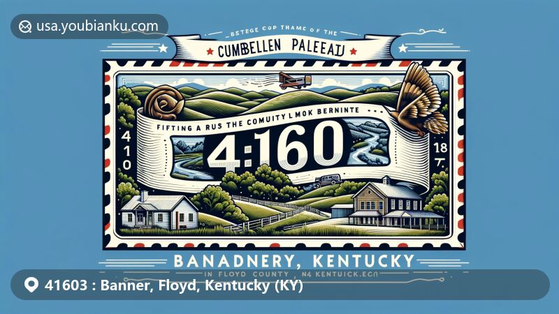Modern illustration of Banner, Floyd County, Kentucky, highlighting rural charm and community features, incorporating postal elements. Featuring Cumberland Plateau's natural landscapes reflecting geographic location of ZIP code 41603. Vintage airmail envelope as central frame, showcasing ZIP code prominently. Mix of iconic elements inside envelope, such as lush green hills of Cumberland Plateau and typical local flora and fauna symbolizing region's biodiversity. Miniature depiction of post office commemorating longstanding postal service history in Banner since 1897, named after local settler David Banner. Creative and eye-catching design capturing essence of Banner, Kentucky, in a modern illustration style suitable for digital display.