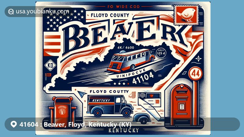 Modern illustration of Beaver, Floyd County, Kentucky, showcasing postal theme with ZIP code 41604, featuring Kentucky state flag, vintage postage elements, red mailbox, and postal truck.