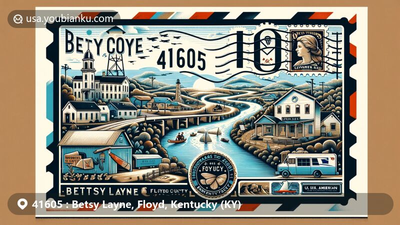 Modern illustration of Betsy Layne, Floyd County, Kentucky, emphasizing geographical features and postal theme with ZIP code 41605, featuring Big Sandy River symbolizing Levisa Fork and Chesapeake and Ohio Railroad.
