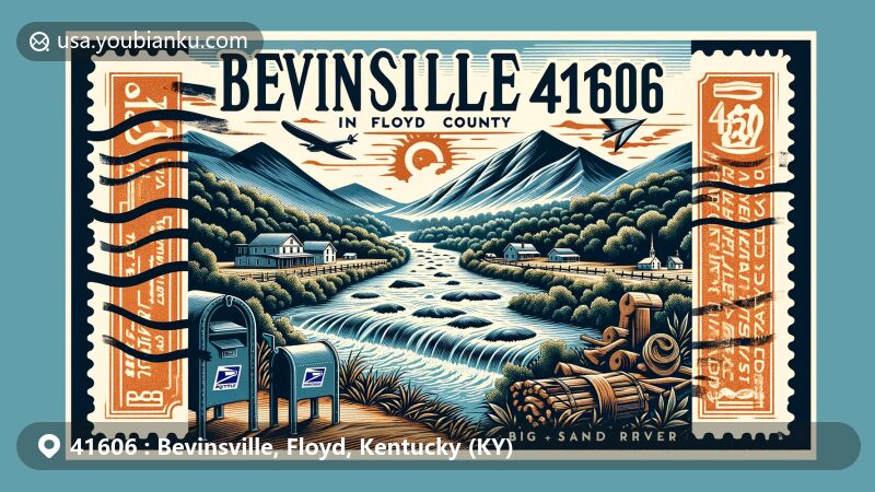 Illustration of Bevinsville, Floyd County, Kentucky, featuring Appalachian Mountains, Big Sandy River, and modern postal symbols, in a vintage postcard style design with a creative twist.