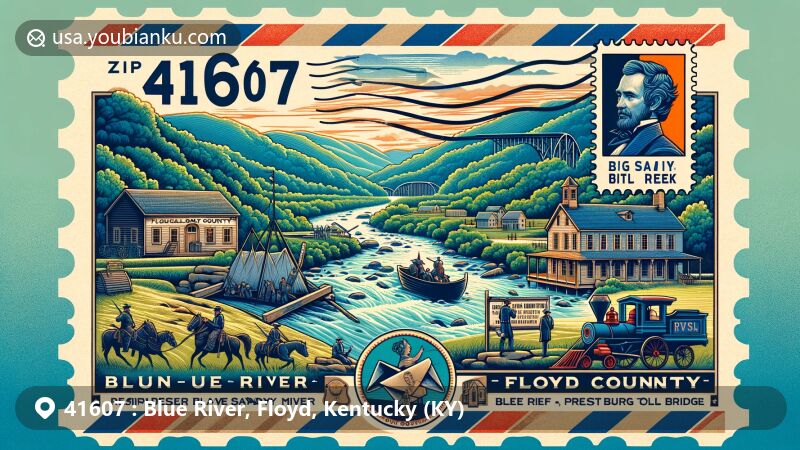 Modern illustration of Blue River area, Floyd County, Kentucky, showcasing Appalachian Mountains, Big Sandy River, Samuel May House, and Prestonsburg Toll Bridge with postal theme featuring air mail envelope, postage stamp of ZIP code 41607, and historical markers for Ivy Mountain and Middle Creek.