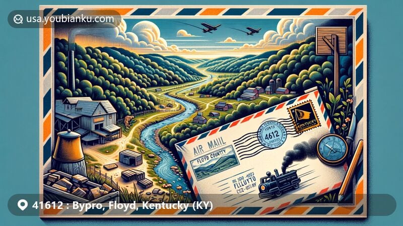 Modern illustration of Bypro, Floyd County, Kentucky, representing ZIP code 41612, featuring scenic beauty with rolling hills and forests, nod to coal town history with a coal mine, vintage airmail envelope, letter with Kentucky flag stamp, postal icons like mailbox and delivery truck, and natural splendor of Bypro.