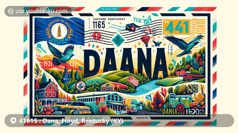 Modern illustration of Dana, Floyd County, Kentucky, highlighting ZIP code 41615, featuring Kentucky state flag, Floyd County outline, and Eastern Kentucky landscapes, evoking a vibrant postcard design.