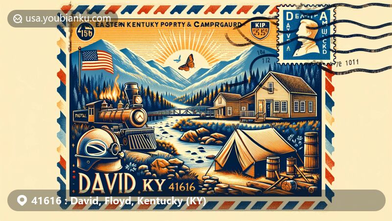 Modern illustration of David, Kentucky, highlighting postal and regional themes with Appalachian Mountains backdrop, featuring Eastern Kentucky Trails Property & Campground and vintage postal envelope with ZIP code 41616 and state symbols.