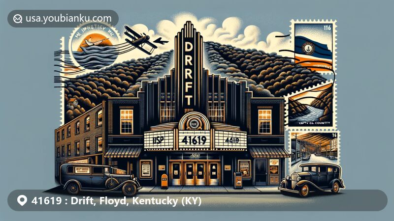 Modern illustration of Drift, Floyd County, Kentucky, showcasing historical coal town theme with Drift movie theater in Art Moderne style and Appalachian coal mining environment, vintage post office elements, and Kentucky state flag.