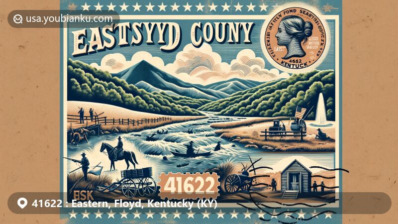 Modern illustration of ZIP Code 41622 area in Eastern, Floyd County, Kentucky, showcasing vintage postcard design with Appalachian Mountains, Big Sandy River, hiking, fishing, historical elements like Daniel Boone's salt spring and Civil War theme.