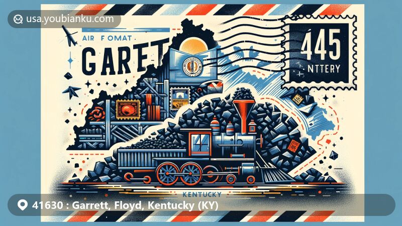 Modern illustration of Garrett, Kentucky, representing ZIP code 41630, featuring coal mining history, state symbols, and air mail theme.