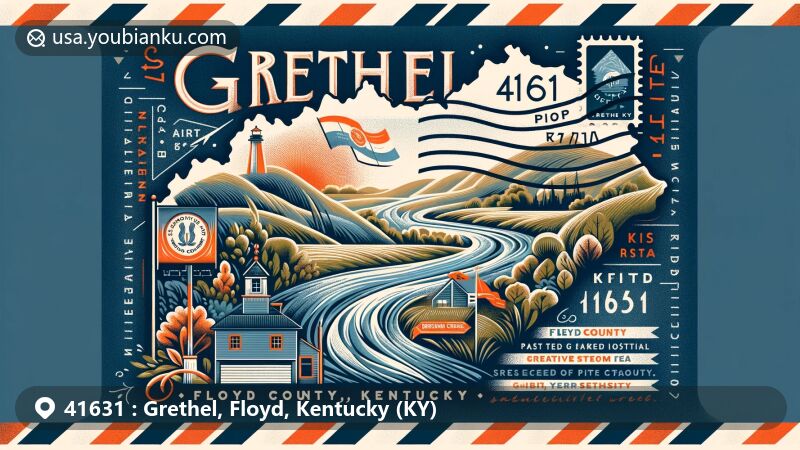 Modern illustration of Grethel, Floyd County, Kentucky, showcasing postal theme with ZIP code 41631, featuring Branham Creek and Kentucky state flag.