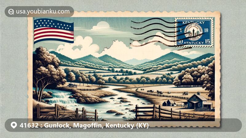 Modern illustration of Gunlock, Magoffin County, Kentucky, resembling a scenic postcard with elements of the Kentucky state flag and Magoffin County's outline, showcasing rural tranquility and elevation, incorporating vintage postal elements with ZIP code '41632'.
