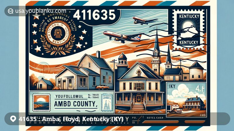 Modern illustration of Amba, Floyd County, Kentucky, representing ZIP code 41635, featuring state flag, Colonial Revival architecture or historical district, vintage airmail envelope with stamp depicting county's geography, integrating '41635' and 'Amba, Floyd County, KY' in elegant modern font, harmoniously blending elements in vibrant and soft colors, inviting and reflective of local heritage.