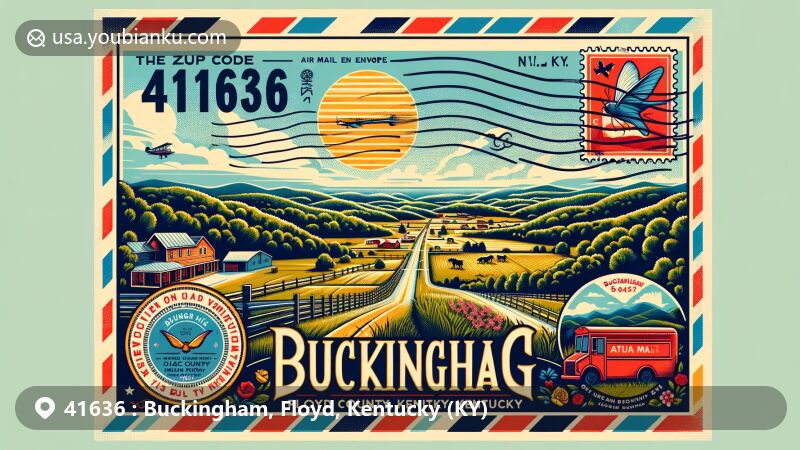Modern illustration of Buckingham, Floyd County, Kentucky, showcasing postal theme with ZIP code 41636, featuring eastern Kentucky's rolling hills, dense forests, and local wildlife or cultural elements.