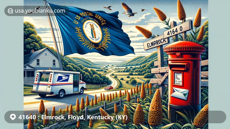 Modern illustration of Elmrock, Floyd County, Kentucky, depicting ZIP code 41640 with Kentucky state symbols and postal theme, showcasing state flag, rolling hills, forests, mailbox, delivery van, and goldenrods.