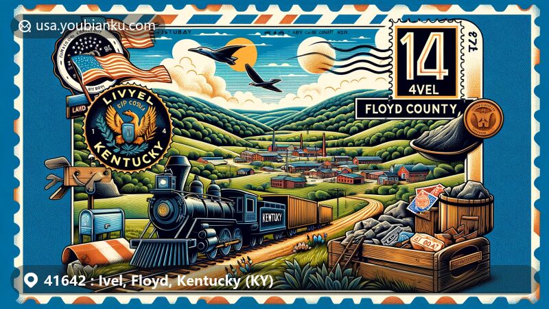 Modern illustration of Ivel, Floyd County, Kentucky, showcasing postal theme with ZIP code 41642, featuring scenic view, coal town identity, and Kentucky state symbols.
