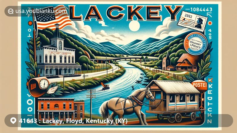 Modern illustration of Lackey, Floyd County, Kentucky, showcasing postal theme with ZIP code 41643, featuring Appalachian Mountains, Big Sandy River, Pack Horse Library Project, vintage post office, postage stamp, postmark, and airmail envelope.