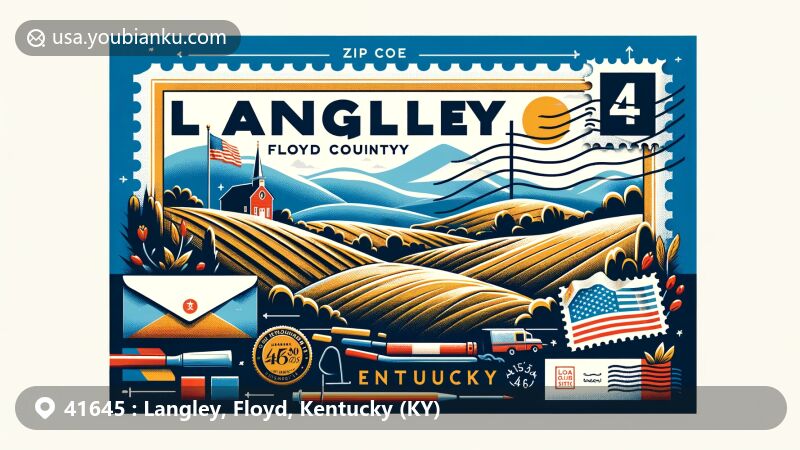 Modern illustration of Langley, Floyd County, Kentucky, highlighting ZIP code 41645, featuring rolling hills and local flora, with a postcard design and postal elements, incorporating Kentucky state symbols.