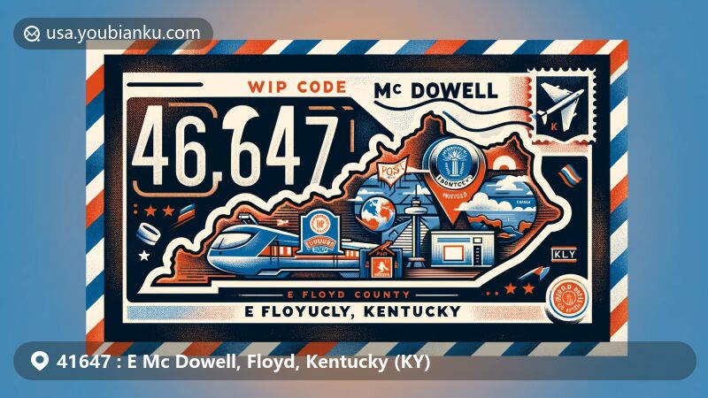 Modern illustration of E Mc Dowell, Floyd County, Kentucky, with postal theme showcasing ZIP code 41647, featuring Kentucky state flag and postal elements like air mail envelope and stamps.