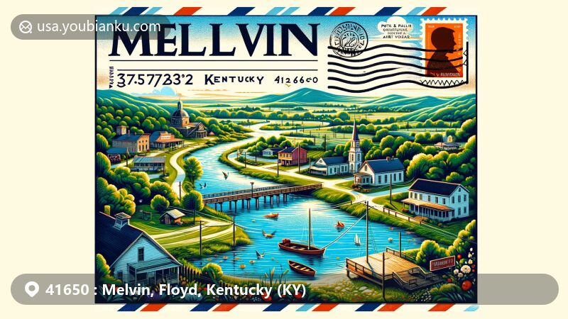 Modern illustration of Melvin, Floyd County, Kentucky, capturing the natural beauty and small-town charm, showcasing fishing lakes, parks, and postal elements with ZIP code 41650.