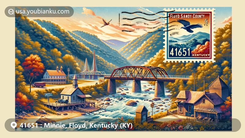 Modern illustration of Minnie, Floyd County, Kentucky, showcasing postal theme with ZIP code 41651, featuring Appalachian Mountains, Big Sandy River, 'Old Red Bridge,' Battle of Middle Creek, vintage postage stamp, postmark stamp, and antique mailbox.