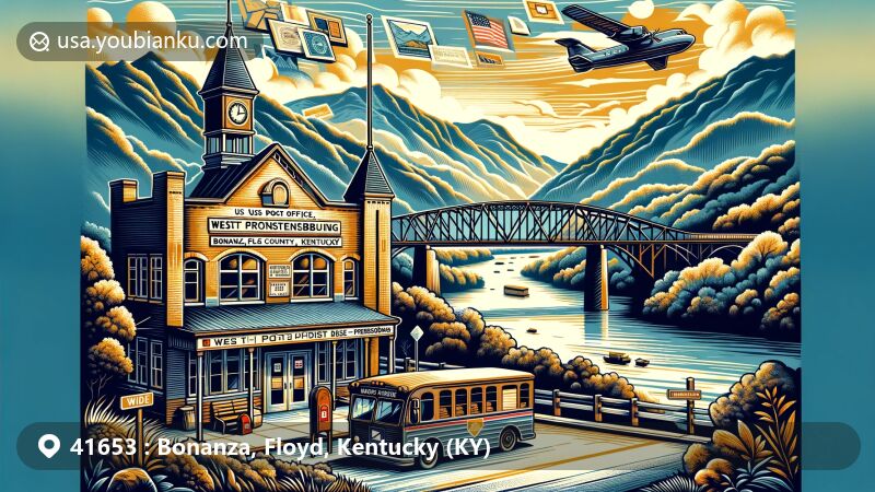Modern illustration of Bonanza, Floyd County, Kentucky, featuring Appalachian Mountains in the background, symbolizing rugged terrain and natural beauty. The foreground showcases a vintage post office inspired by the historic Prestonsburg post office, paying homage to postal themes and regional history. Additionally, it integrates a depiction of West Prestonsburg Bridge, highlighting its unique architectural features and historical significance. The bridge spans the stylized Big Sandy River, adding a sense of connection and history. By blending historical and natural elements in a creative and contemporary manner, this design captures the essence of Bonanza, Floyd County, Kentucky, while seamlessly incorporating postal themes to enhance the overall visual narrative.