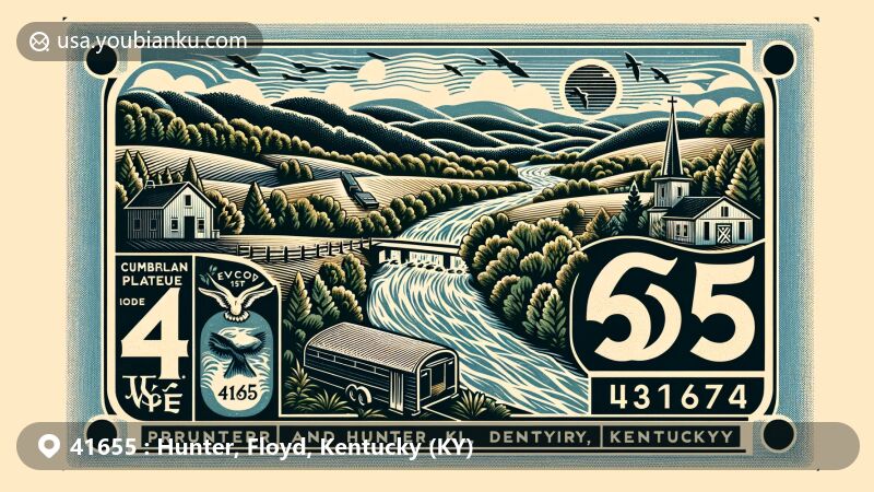 Modern illustration of Printer and Hunter, Floyd County, Kentucky, highlighting the natural beauty of the Cumberland Plateau region, with streams, forests, and rolling hills, capturing the tranquil rural landscape. Featured is an airmail envelope with the ZIP code 41655, including Kentucky state symbols and a nod to community unity.