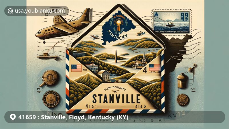 Modern illustration of Stanville, Floyd County, Kentucky, featuring a vintage air mail envelope with Kentucky postage stamp and symbols of the region, including rolling hills and forests.