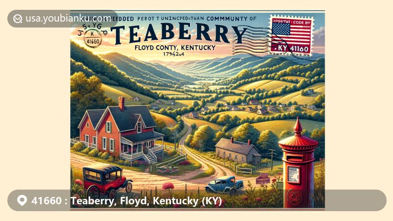 Modern illustration of Teaberry, Floyd County, Kentucky, featuring tranquil small-town life with ZIP code 41660, capturing Appalachian charm and scenic countryside views.