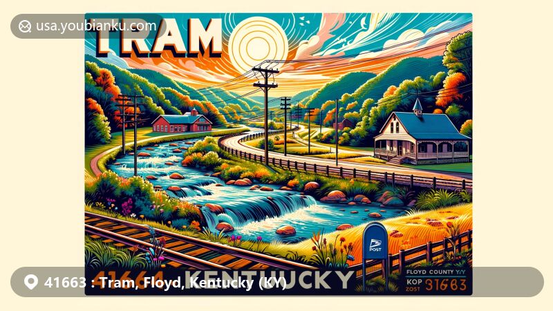 Modern illustration of Tram, Floyd County, Kentucky, embracing postal theme with ZIP code 41663, showcasing rural beauty and cultural heritage of Eastern Kentucky.