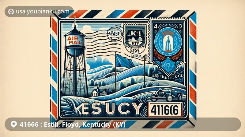 Vintage air mail envelope illustration of ZIP code 41666, showcasing Kentucky state flag, Floyd County outline, Dixie Cup Water Tower, and natural beauty of Daniel Boone National Forest.