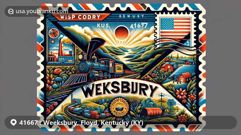 Modern illustration of Weeksbury, Floyd County, Kentucky, capturing its identity as a small unincorporated coal mining town, featuring a vintage airmail envelope with vibrant and detailed artistic elements, including stylized map of Floyd County highlighting Weeksbury, coal mining symbols like coal carts or miner's helmets, Kentucky landscape with rolling hills or forests, subtle incorporation of Kentucky state flag, and a stamp design showcasing the 41667 postal code and a symbolic Weeksbury icon like a pickaxe or the silhouette of the Appalachian Mountains.